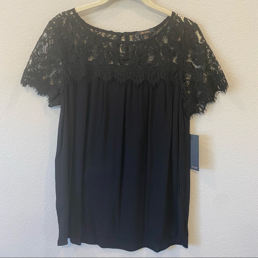 Ella Moss Black Lace Yoke Short Sleeve Top